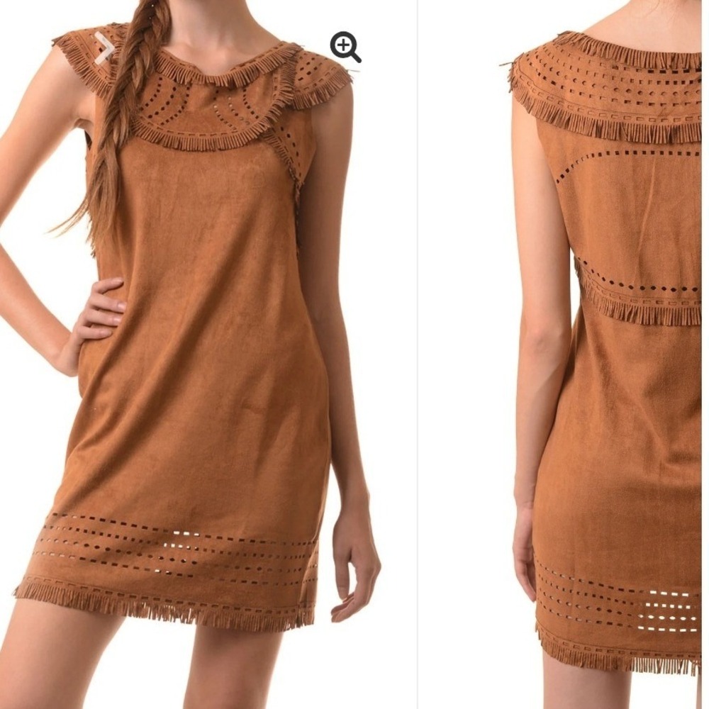 Milkyway Tan Faux Suede Fringe Laser Cut Shift Dress MD6528 Large Boho Western